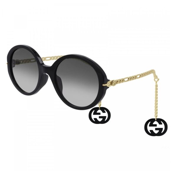 NEW GUCCI ROUND SUNGLASSES GUCCI GG0726S 001 BLACK GREY EYEWEAR WITH GOLD CHAIN - Picture 1 of 3